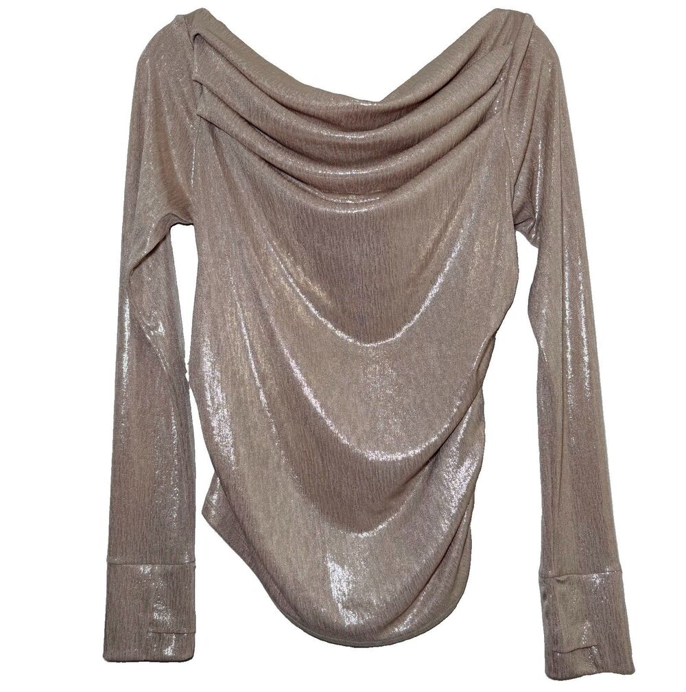 Marcella NYC Cooper Metallic Top XL Stardust Gold Draped Off Shoulder Ruched - Picture 2 of 7